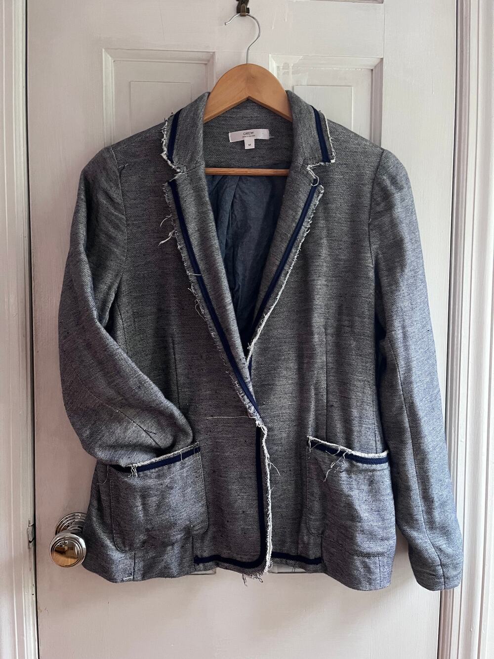 DREW Frayed Raw Hem Tweed Knit Blazer Gray Contrast Trim Jacket Med M